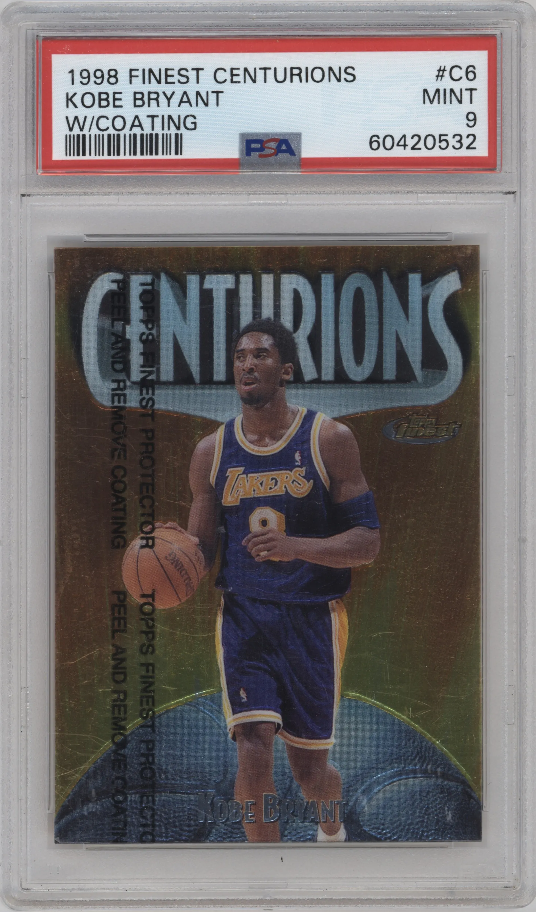 Kobe Bryant from the 1998-99 Topps Finest set featuring a W/ Coating parallel graded by PSA and given an overall grade of 9.
