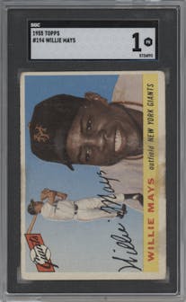 Willie Mays from the 1955 Topps set graded by SGC and given an overall grade of 1.