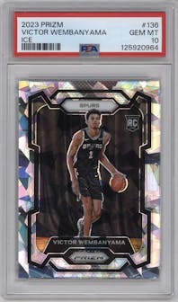 Victor Wembanyama from the 2023-24 Panini Prizm set featuring a Ice Prizm parallel graded by PSA and given an overall grade of 10.