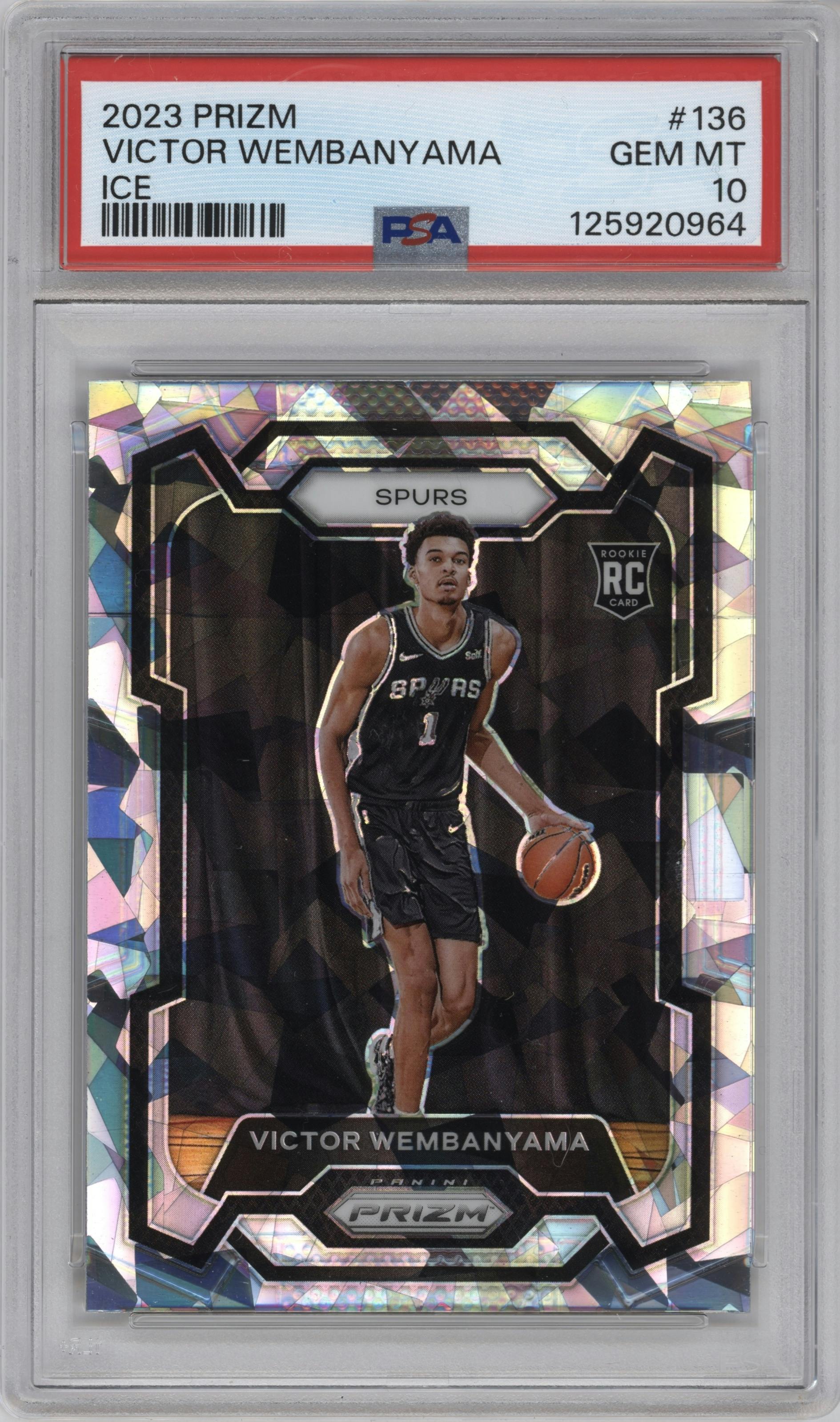 Victor Wembanyama from the 2023-24 Panini Prizm set featuring a Ice Prizm parallel graded by PSA and given an overall grade of 10.