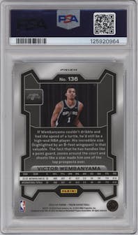 Victor Wembanyama from the 2023-24 Panini Prizm set featuring a Ice Prizm parallel graded by PSA and given an overall grade of 10.