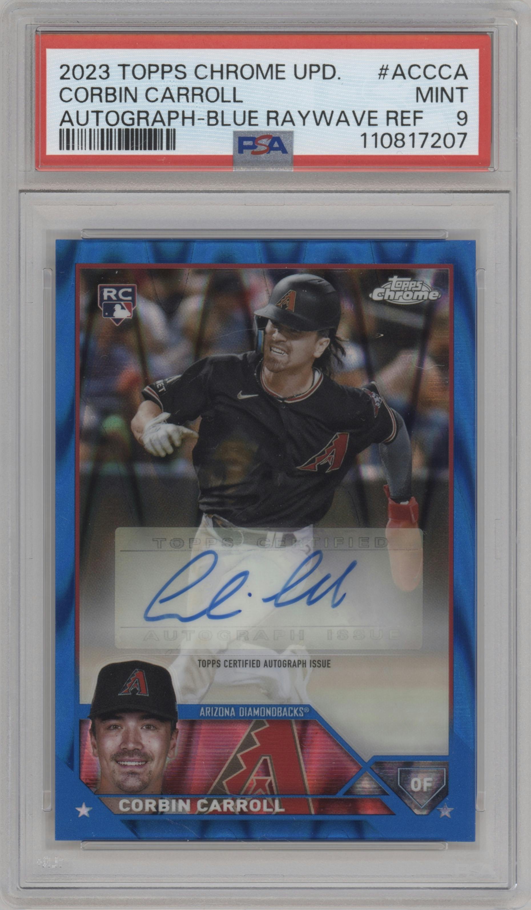 Corbin Carroll from the 2023 Topps Chrome Update set featuring a Blue RayWave Refractor parallel graded by PSA and given an overall grade of 9.