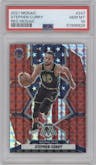 Stephen Curry from the 2021-22 Panini Mosaic  set featuring a Red Mosaic parallel graded by PSA and given an overall grade of 10.