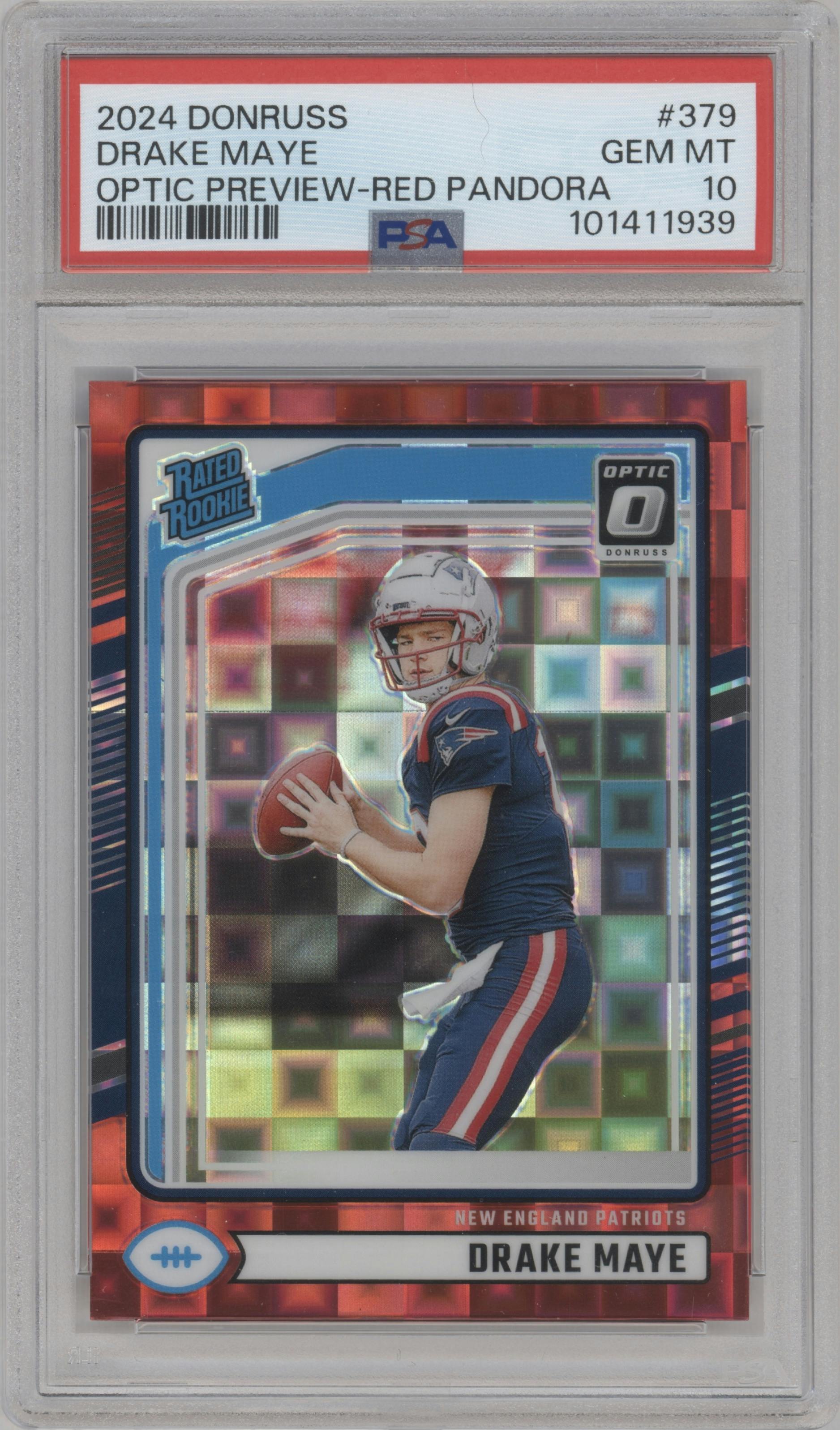 Drake Maye from the 2024 Donruss set featuring a Red Pandora parallel graded by PSA and given an overall grade of 10.