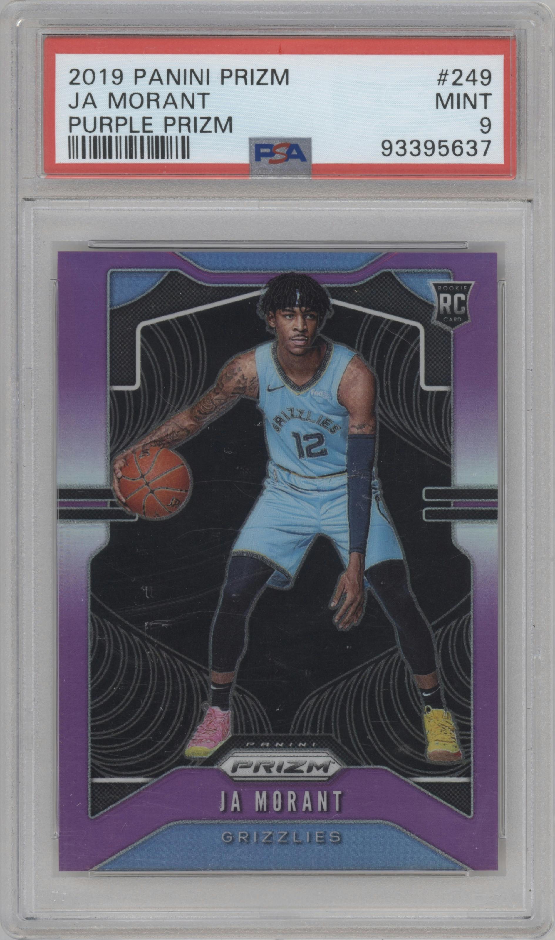 Ja Morant from the 2019-20 Panini Prizm set featuring a Purple Prizm parallel graded by PSA and given an overall grade of 9.