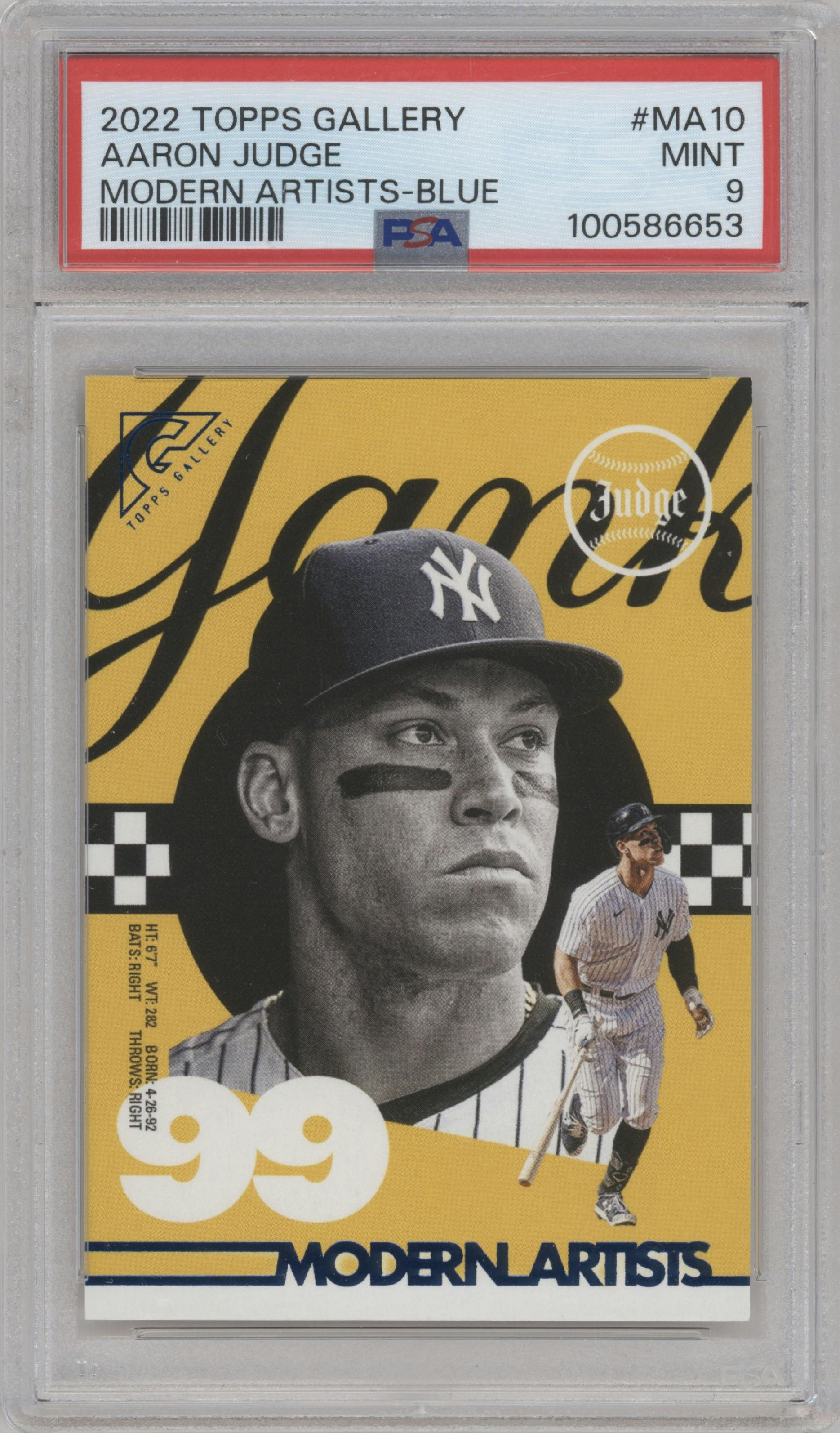 Aaron Judge from the 2022 Topps Gallery set featuring a Blue parallel graded by PSA and given an overall grade of 9.