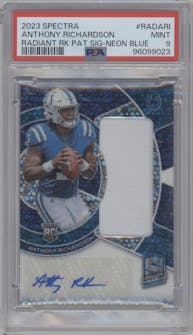 Anthony Richardson from the 2023 Panini Spectra set featuring a Neon Blue parallel graded by PSA and given an overall grade of 9.