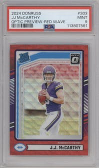 J.J. McCarthy from the 2024 Donruss set featuring a Red Wave parallel graded by PSA and given an overall grade of 9.