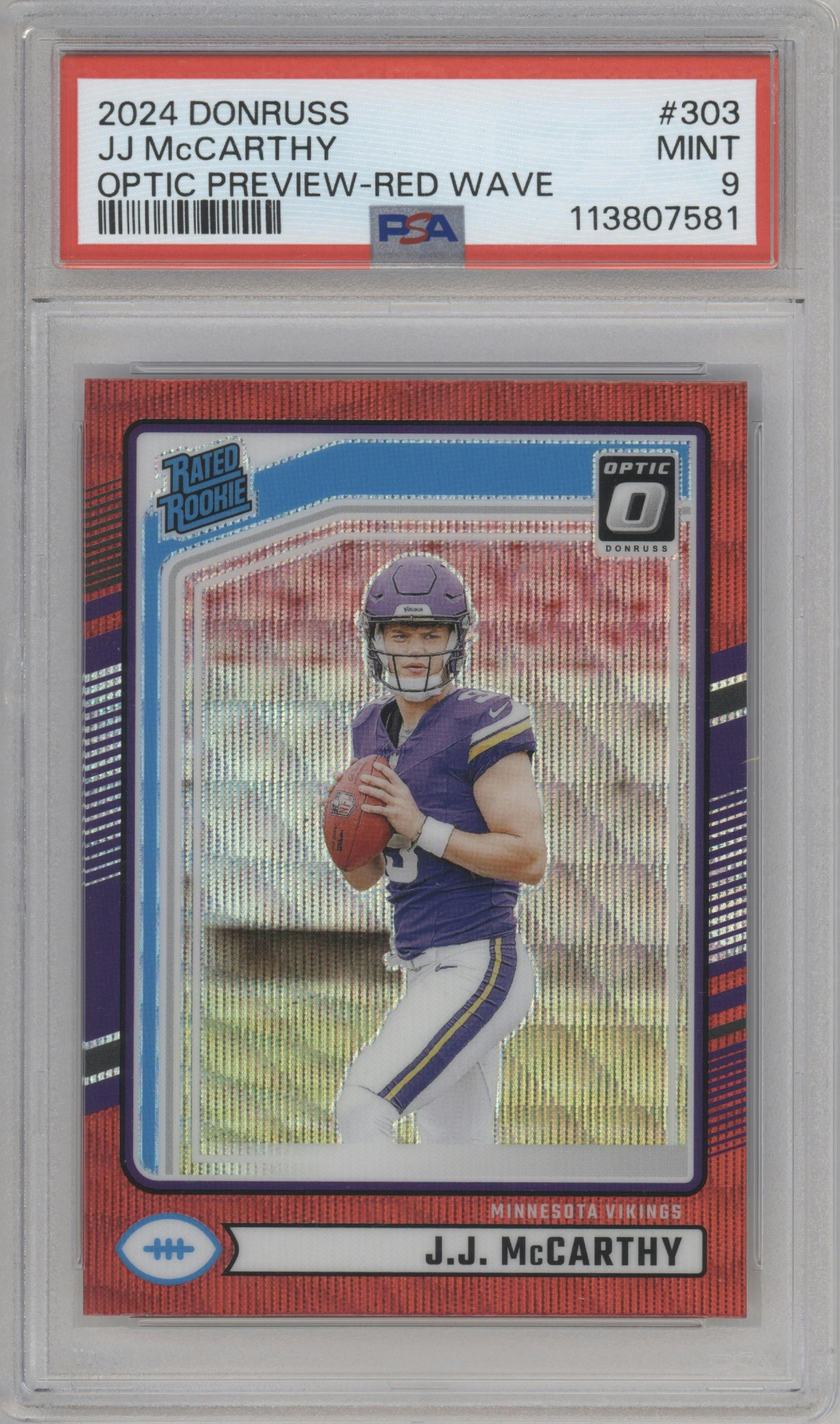 J.J. McCarthy from the 2024 Donruss set featuring a Red Wave parallel graded by PSA and given an overall grade of 9.