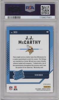 J.J. McCarthy from the 2024 Donruss set featuring a Red Wave parallel graded by PSA and given an overall grade of 9.