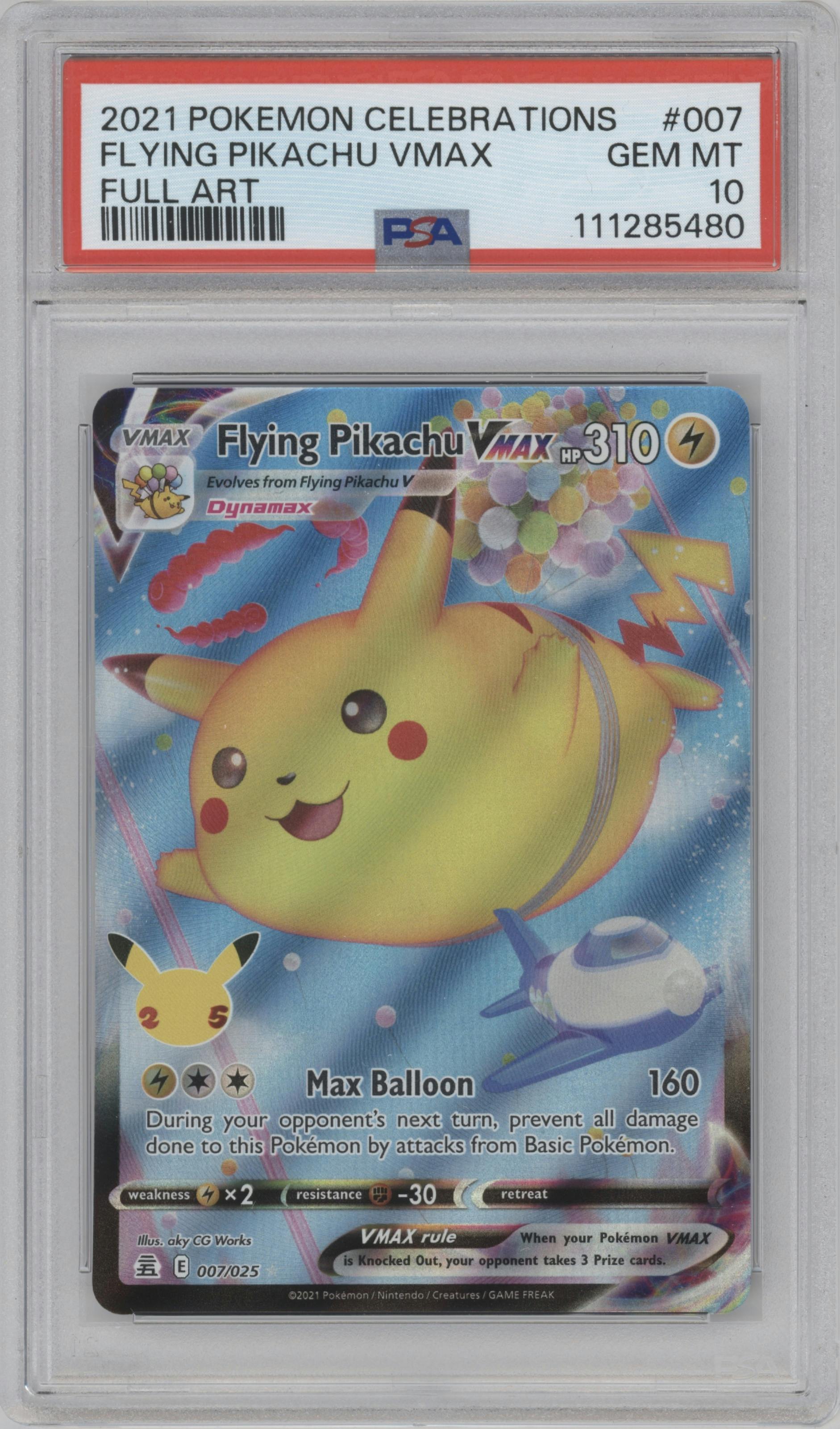 Flying Pikachu VMAX from the 2021 Pokemon SWSH set graded by PSA and given an overall grade of 10.