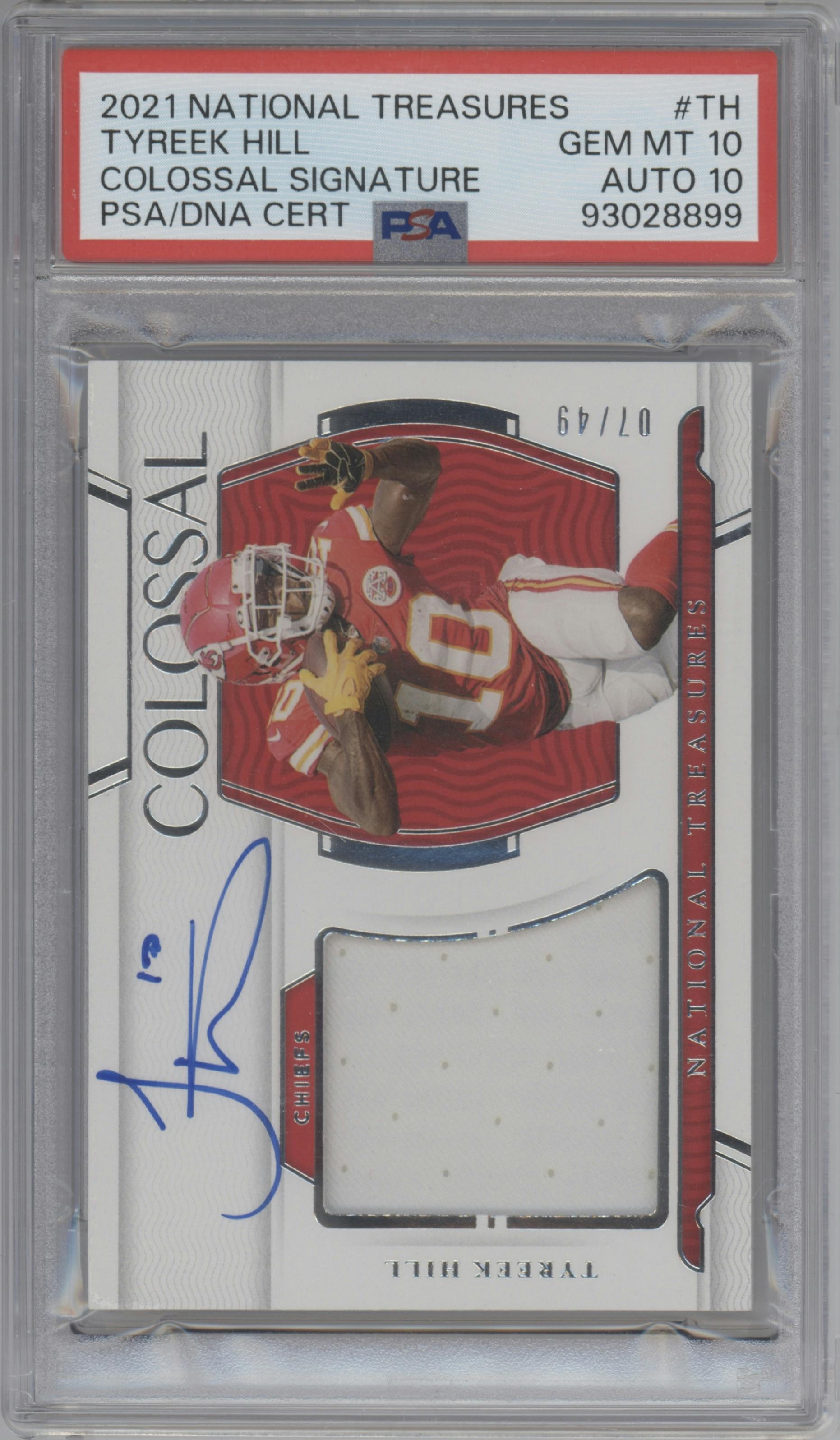 Tyreek Hill from the 2022 Panini National Treasures set graded by PSA and given an overall grade of 10.