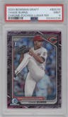 Chase Burns from the 2024 Bowman Draft set featuring a Fuchsia Lunar Crater Refractor parallel graded by PSA and given an overall grade of 9.