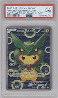 Rayquaza Pikachu from the 2016 Pokemon XY JPN set featuring a Poncho Wearing Pikachu Box parallel graded by PSA and given an overall grade of 9.