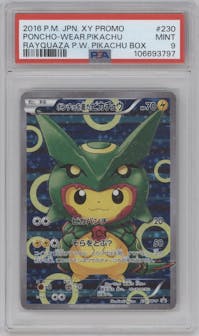 Rayquaza Pikachu from the 2016 Pokemon XY JPN set featuring a Poncho Wearing Pikachu Box parallel graded by PSA and given an overall grade of 9.