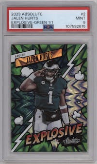Jalen Hurts from the 2023 Panini Absolute set featuring a Green parallel graded by PSA and given an overall grade of 9.