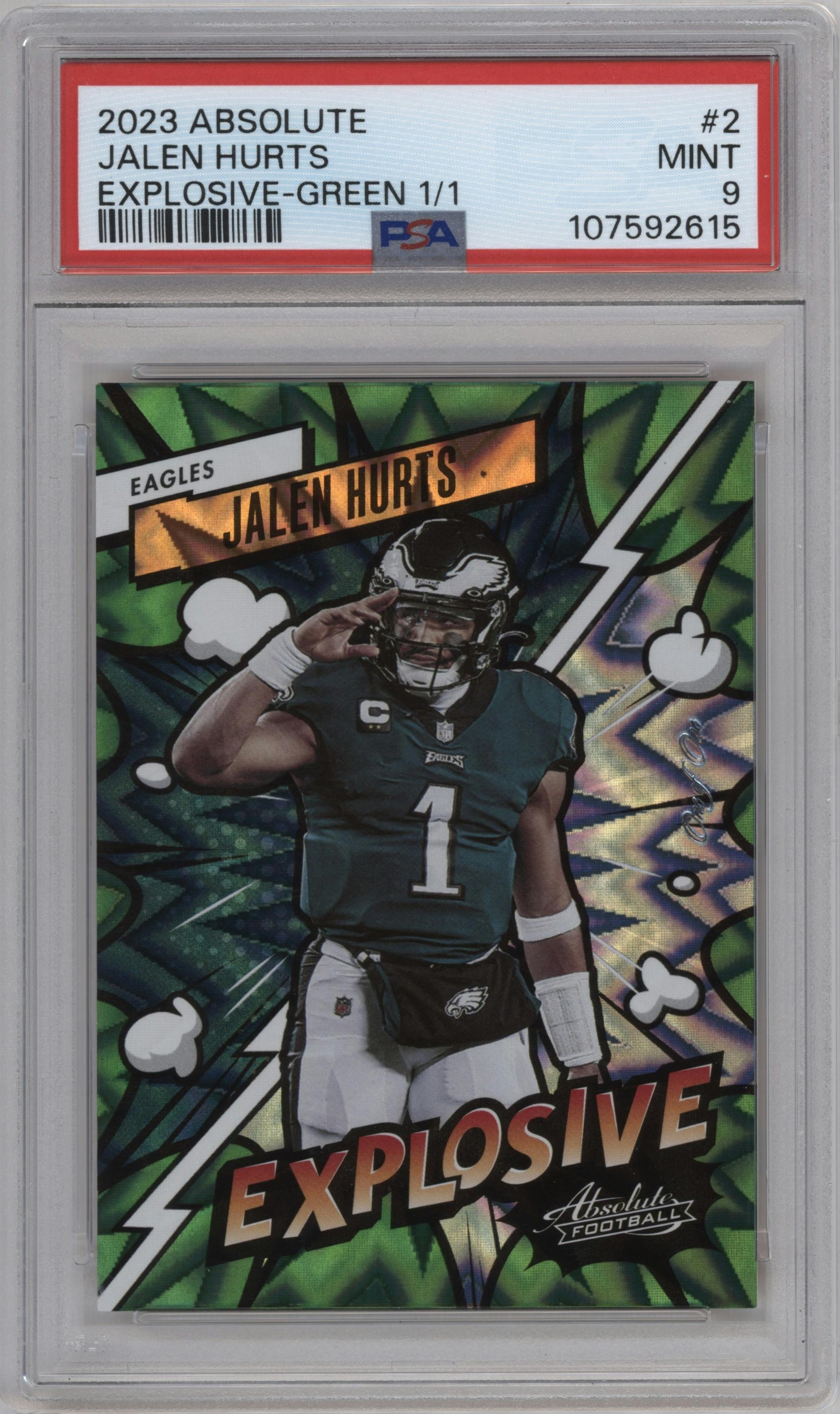 Jalen Hurts from the 2023 Panini Absolute set featuring a Green parallel graded by PSA and given an overall grade of 9.