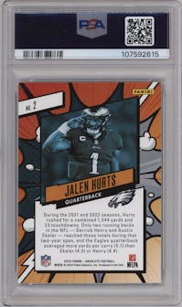Jalen Hurts from the 2023 Panini Absolute set featuring a Green parallel graded by PSA and given an overall grade of 9.