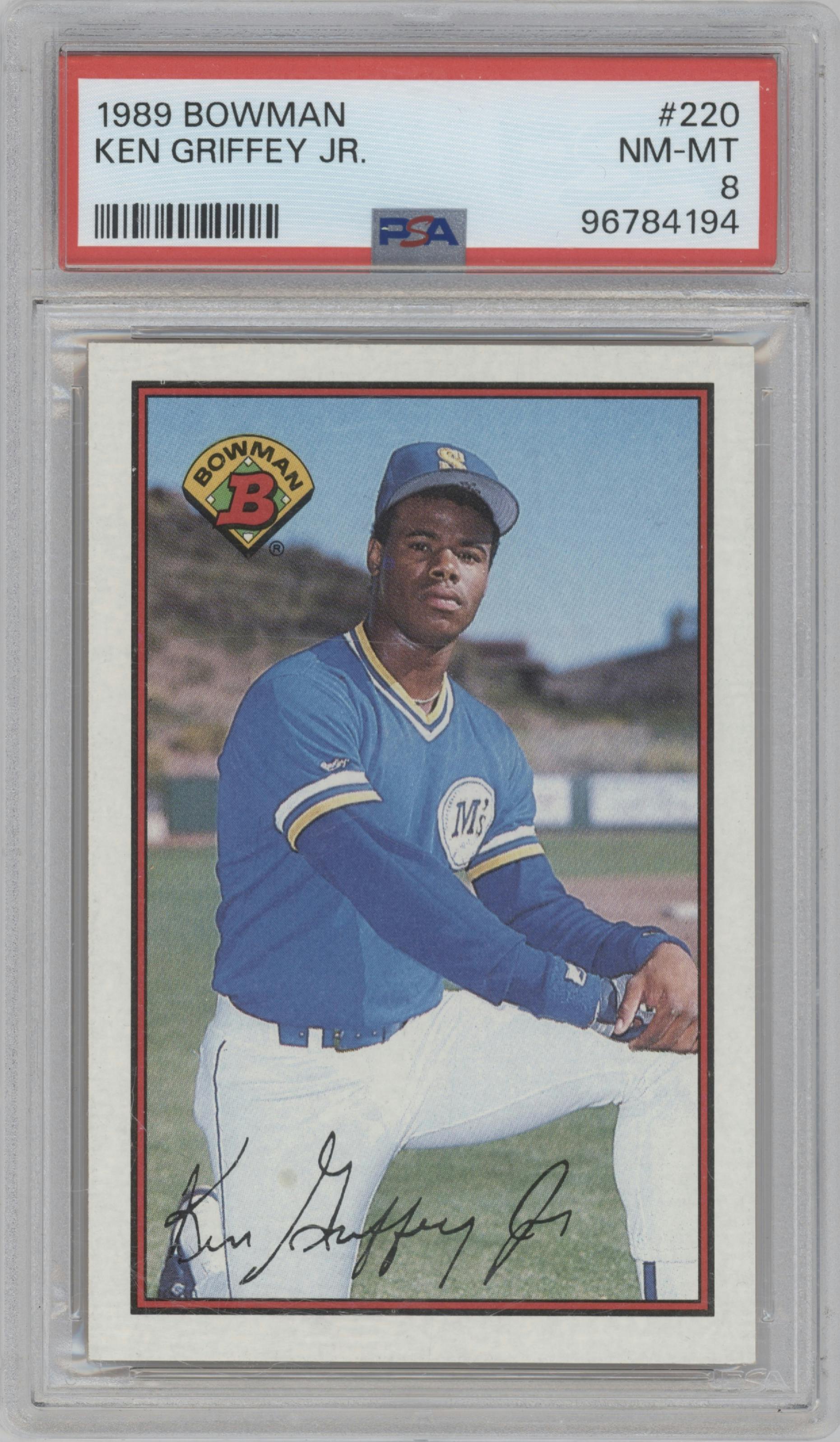 Ken Griffey Jr. from the 1989 Bowman set graded by PSA and given an overall grade of 8.