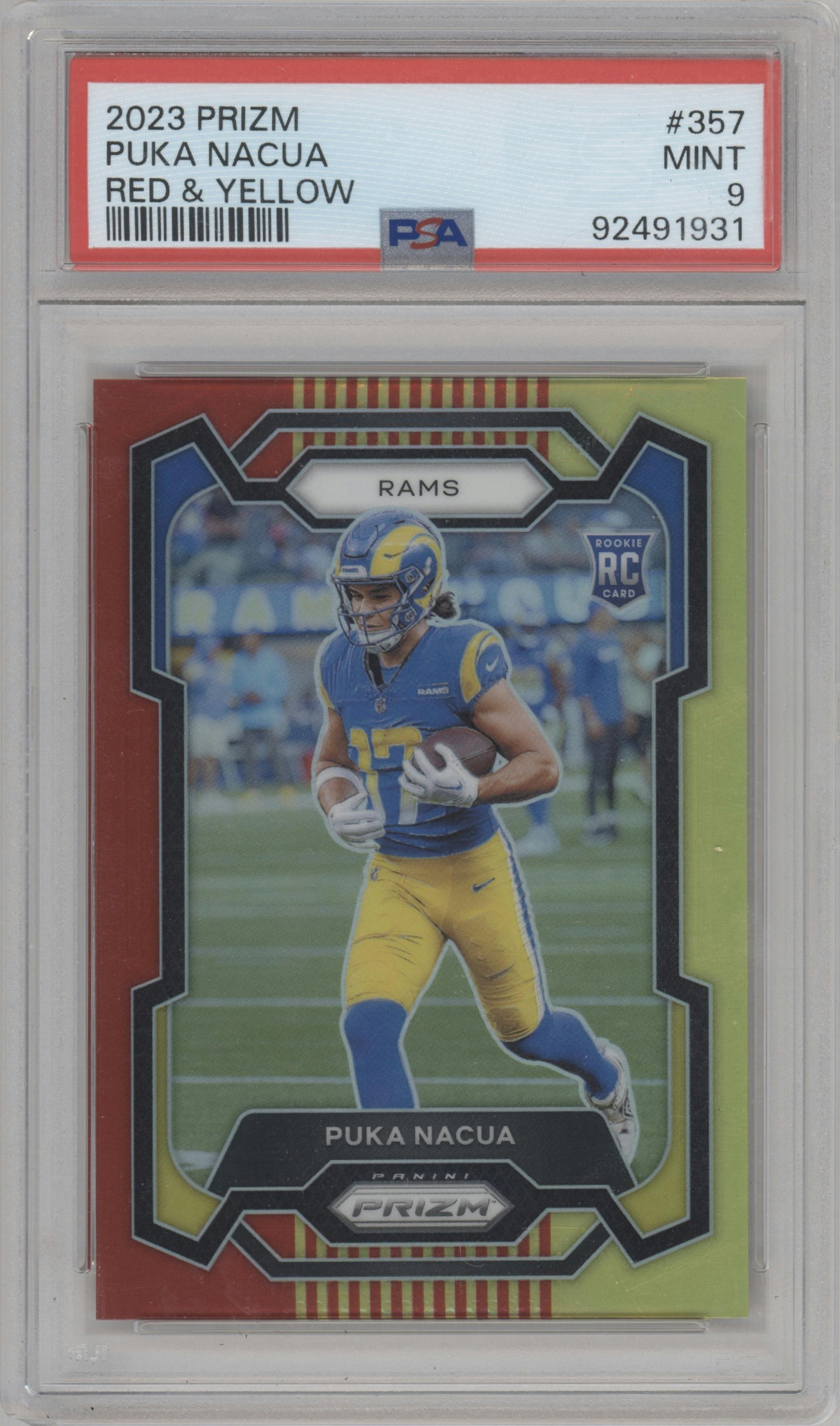 Puka Nacua from the 2023 Panini Prizm set featuring a Red/Yellow Prizm parallel graded by PSA and given an overall grade of 9.