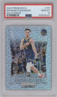 Brandin Podziemski from the 2023-24 Panini Prizm Deca set featuring a Mojo parallel graded by PSA and given an overall grade of 10.