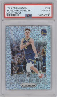 Brandin Podziemski from the 2023-24 Panini Prizm Deca set featuring a Mojo parallel graded by PSA and given an overall grade of 10.