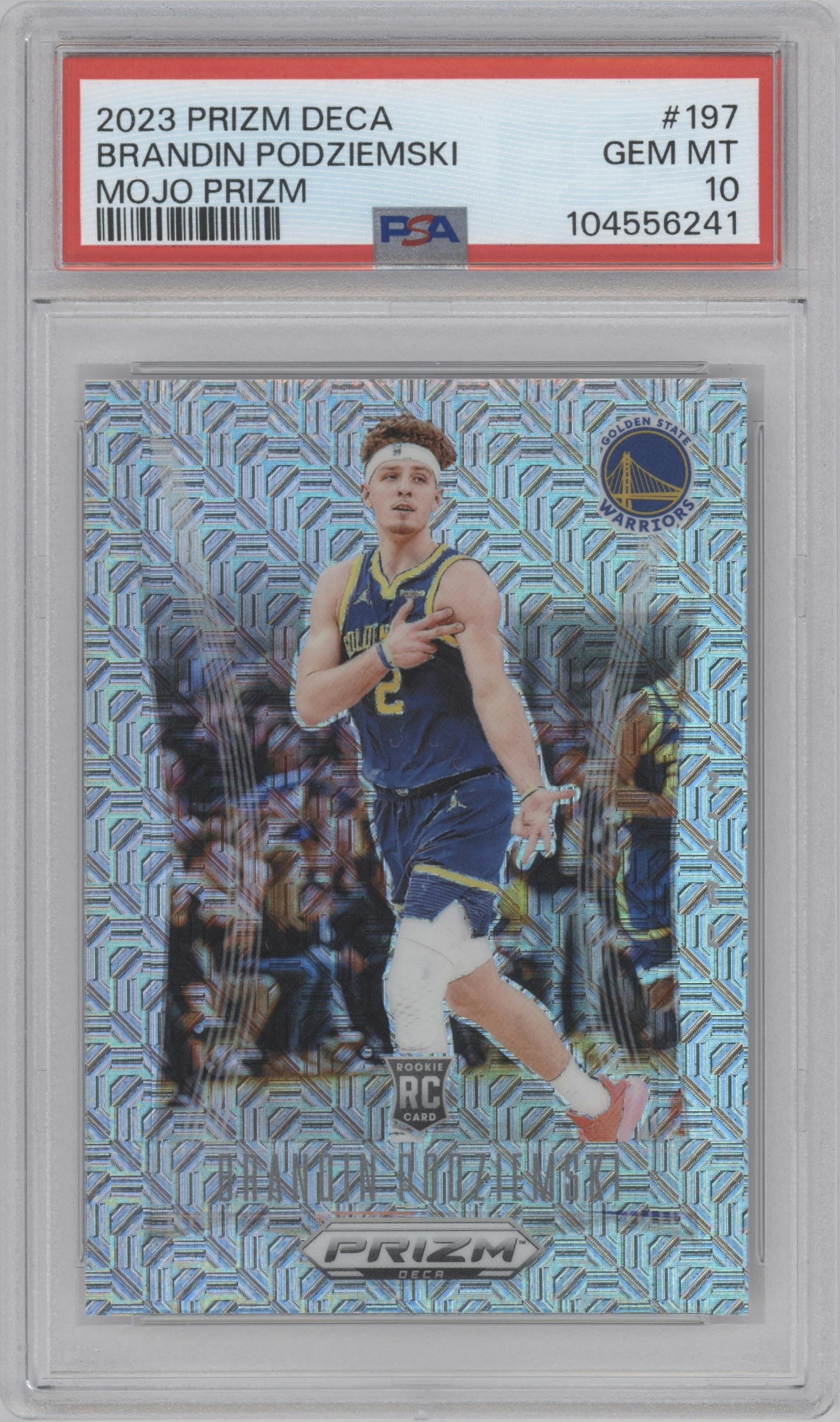 Brandin Podziemski from the 2023-24 Panini Prizm Deca set featuring a Mojo parallel graded by PSA and given an overall grade of 10.
