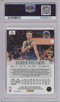 Brandin Podziemski from the 2023-24 Panini Prizm Deca set featuring a Mojo parallel graded by PSA and given an overall grade of 10.