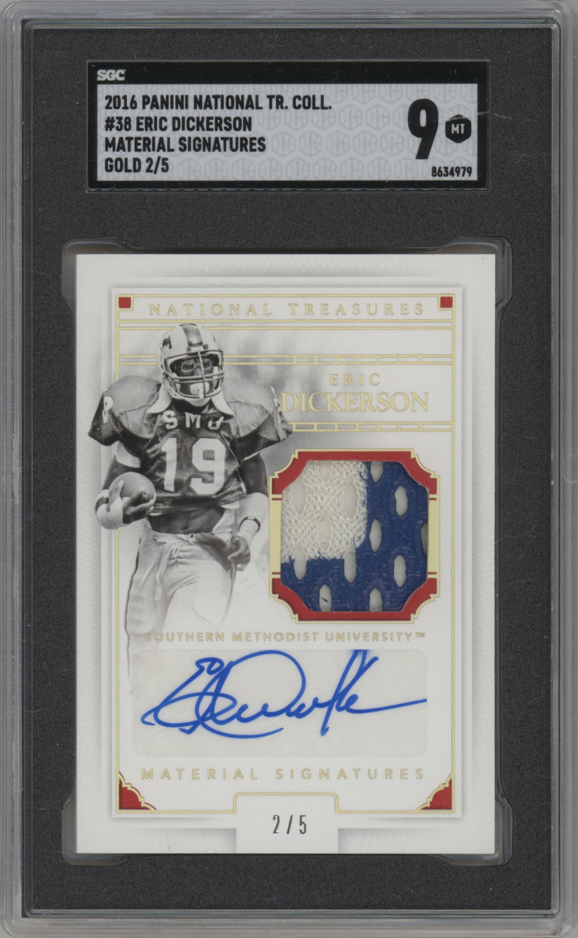 Eric Dickerson from the 2016 Panini National Treasures Collegiate set featuring a Gold parallel graded by SGC and given an overall grade of 9.