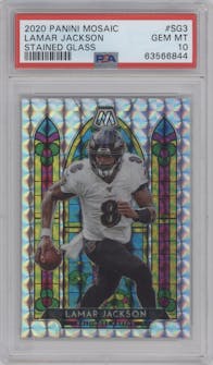 Lamar Jackson from the 2020 Panini Mosaic set graded by PSA and given an overall grade of 10.