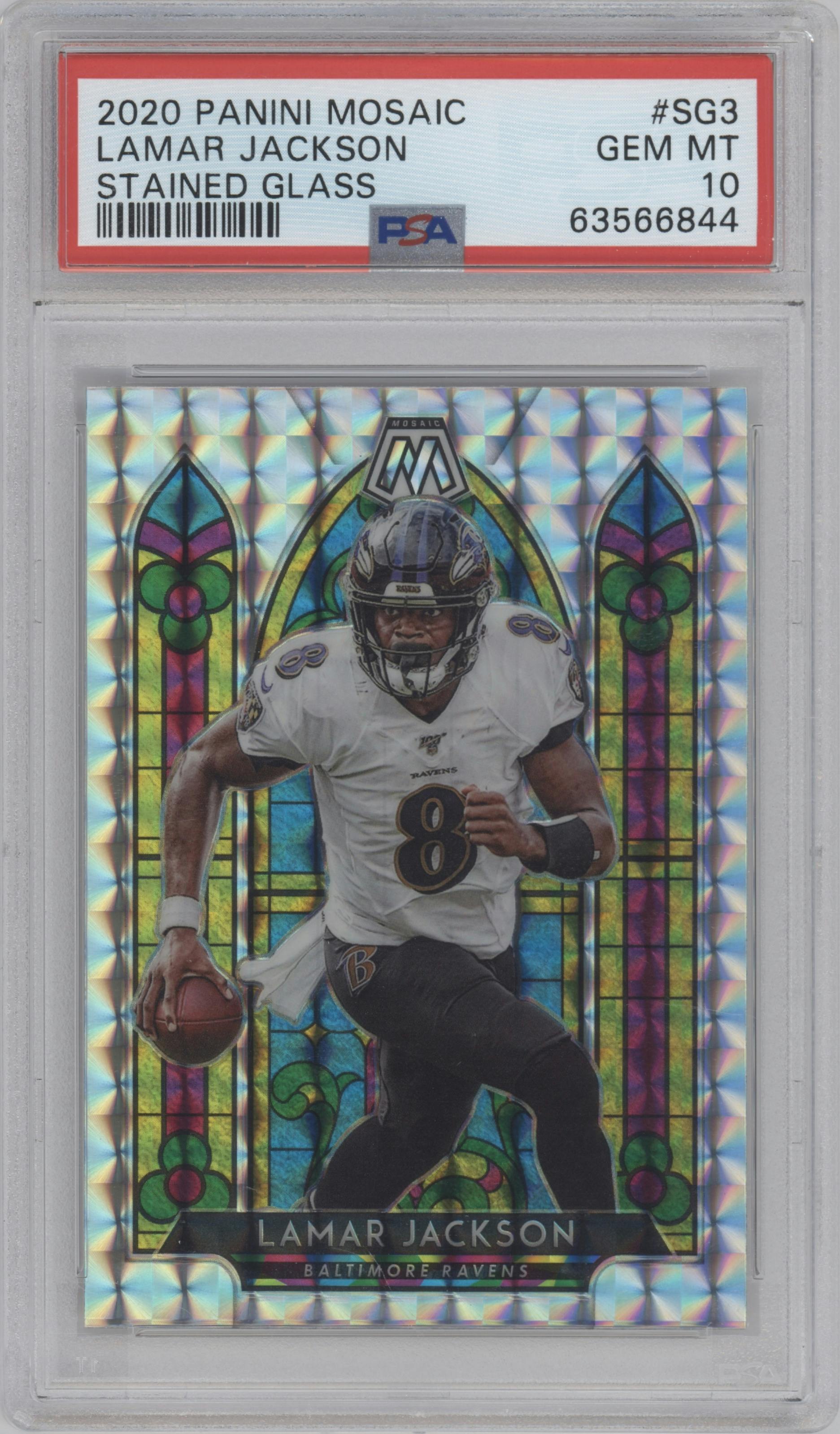 Lamar Jackson from the 2020 Panini Mosaic set graded by PSA and given an overall grade of 10.