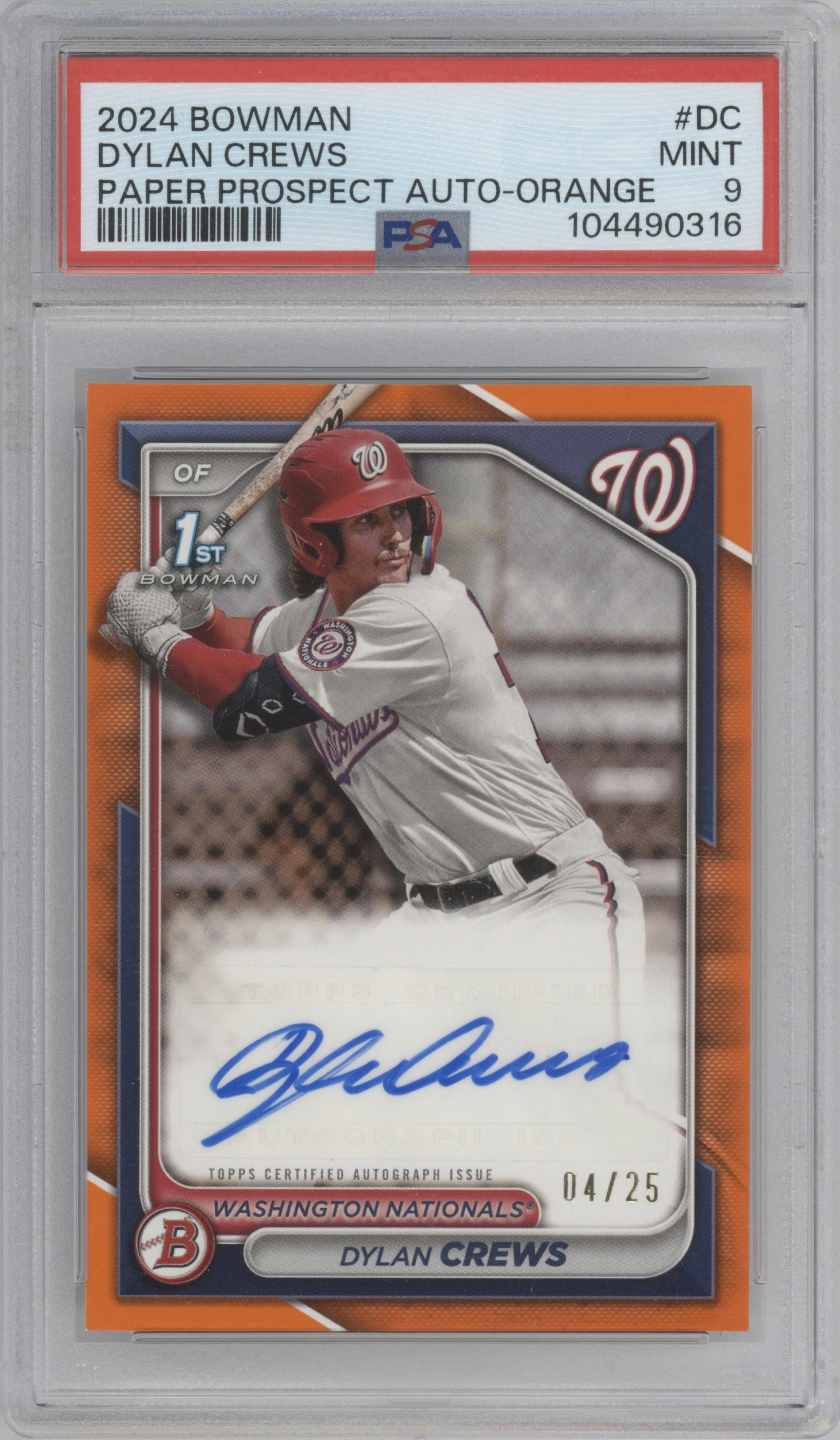 Dylan Crews from the 2024 Bowman set featuring a Orange parallel graded by PSA and given an overall grade of 9.