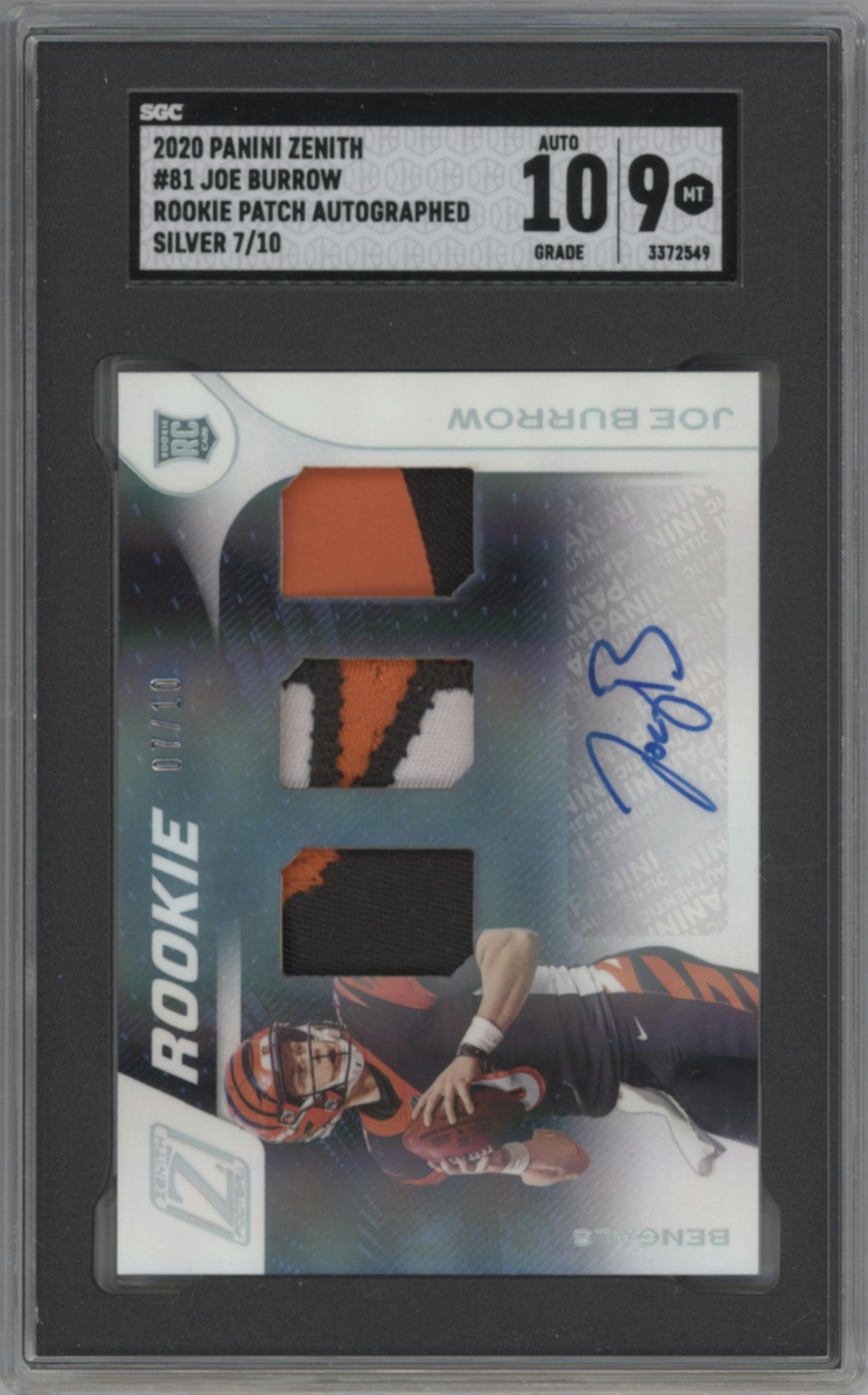 Joe Burrow from the 2020 Panini Zenith set featuring a Silver parallel graded by SGC and given an overall grade of 9.