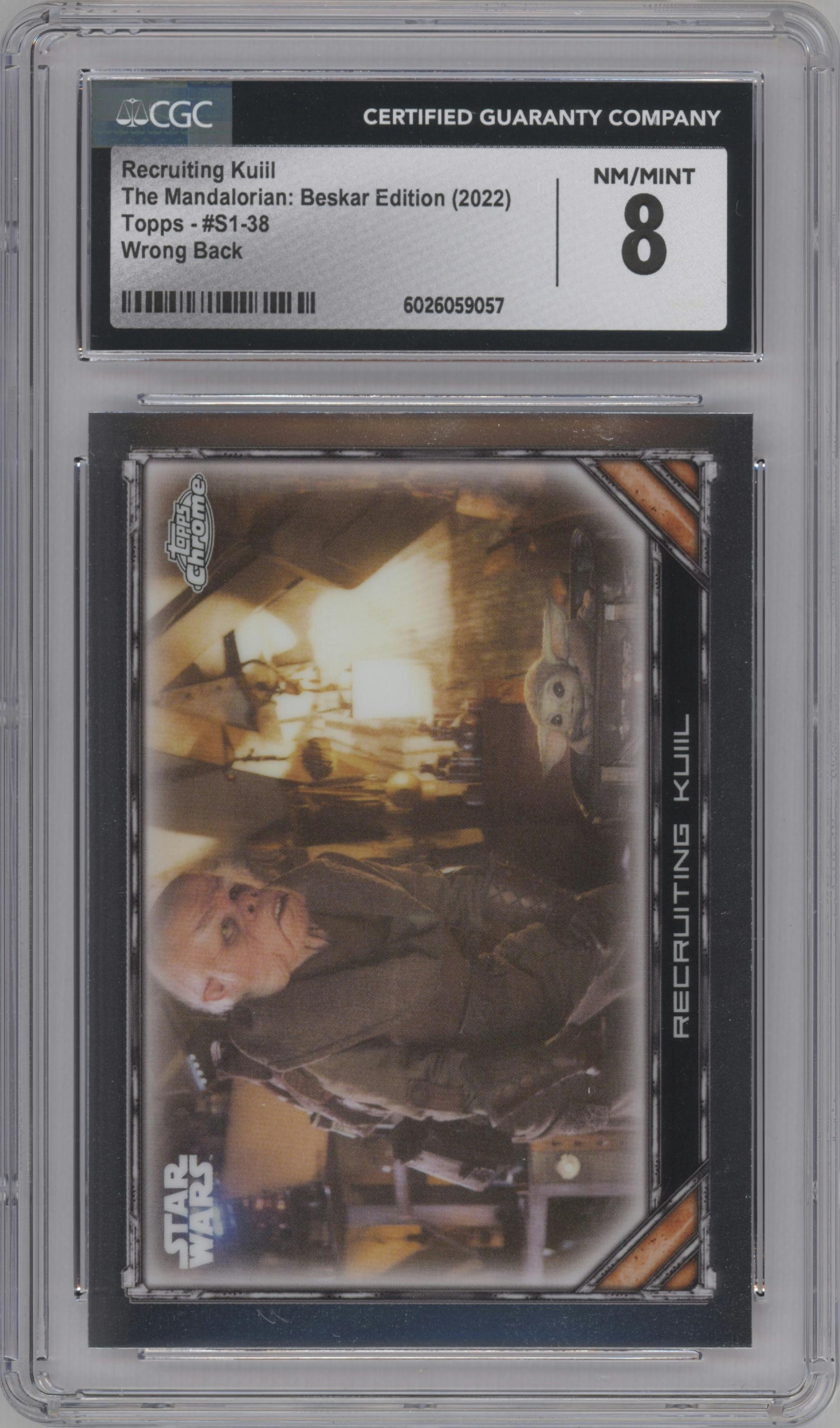 Recruiting Kuiil from the 2022 Topps Chrome Star Wars The Mandalorian Beskar Edition set featuring a Wrong Back parallel graded by SGC and given an overall grade of 8.