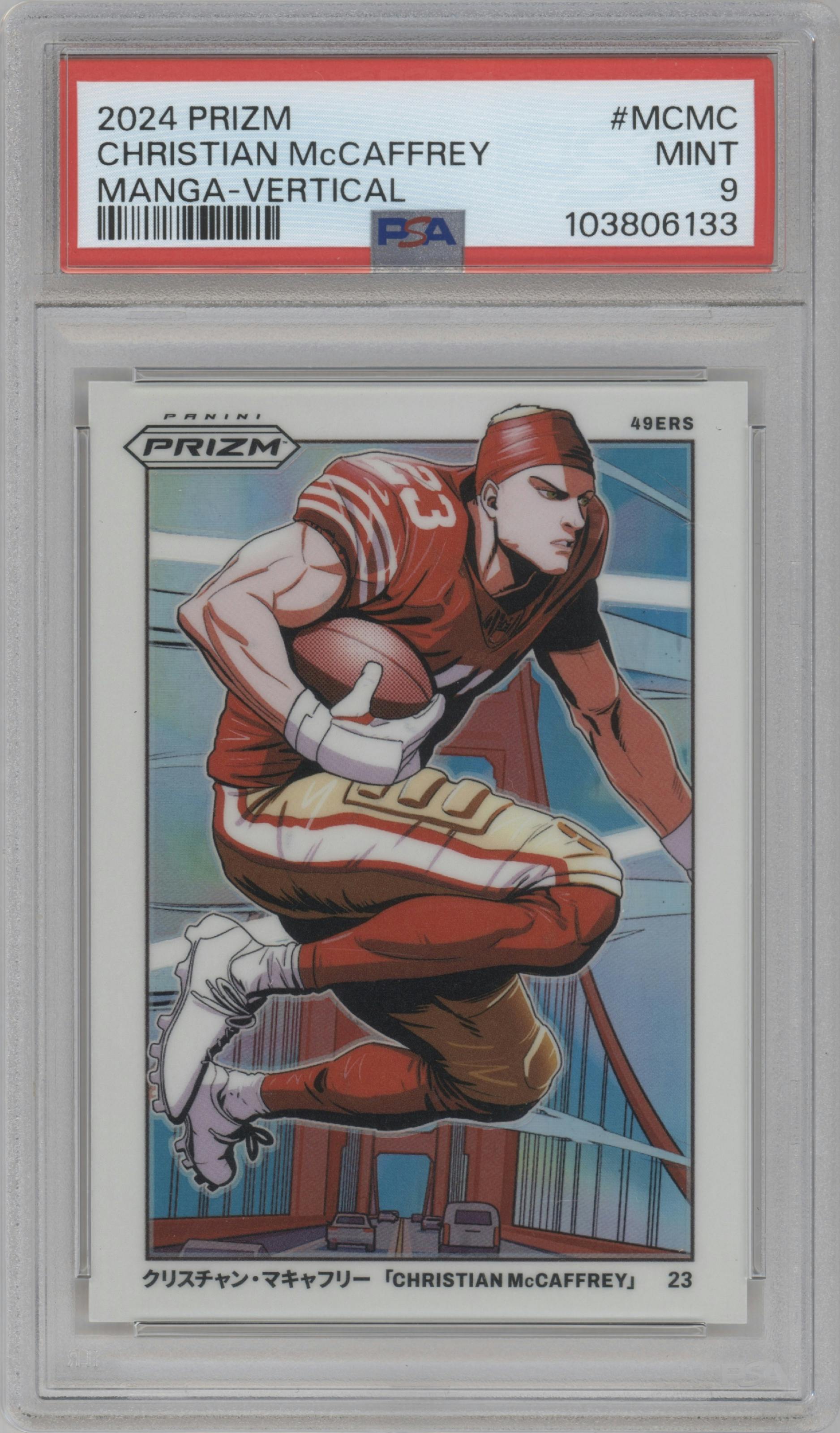Christian McCaffrey from the 2024 Panini Prizm set graded by PSA and given an overall grade of 9.