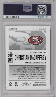 Christian McCaffrey from the 2024 Panini Prizm set graded by PSA and given an overall grade of 9.