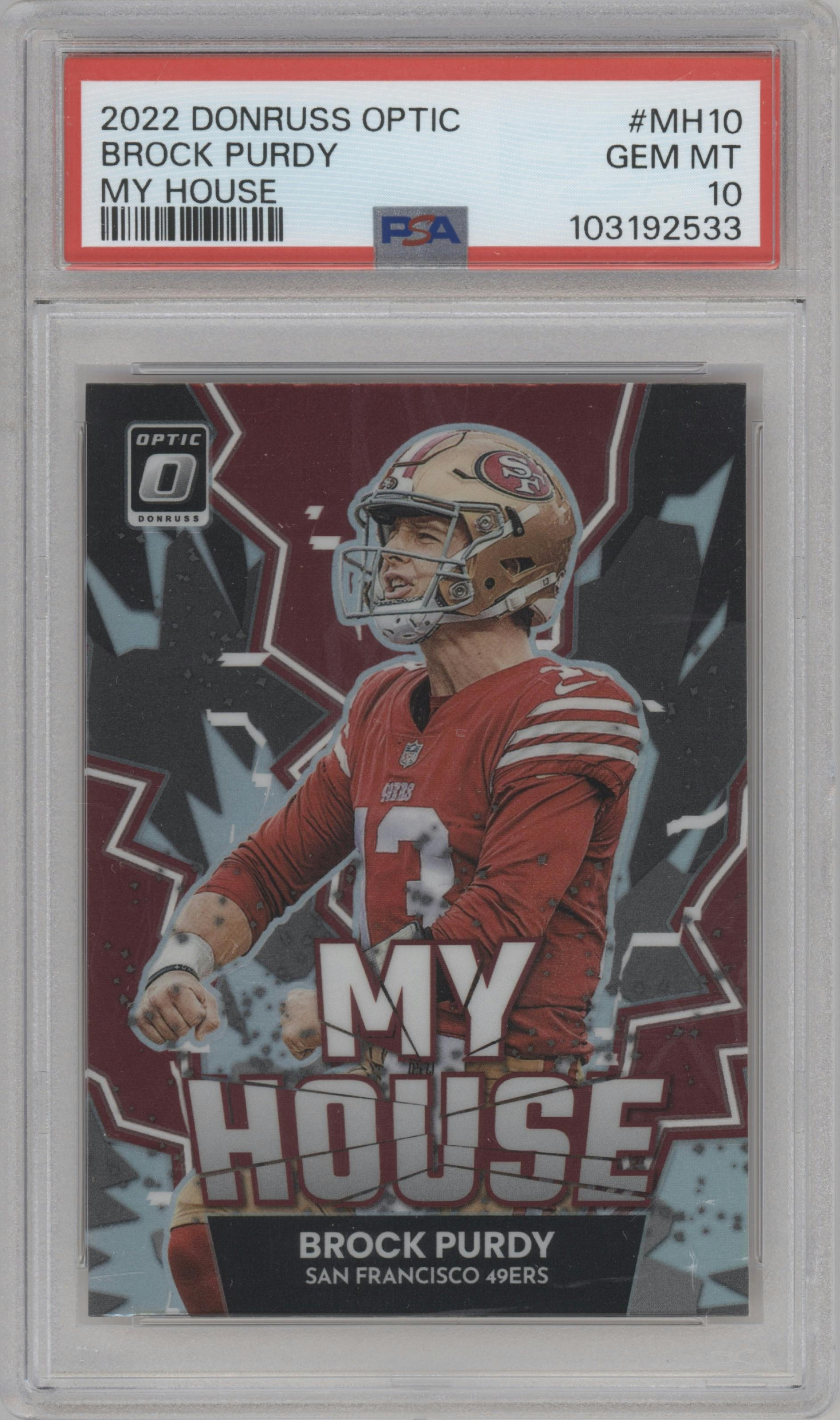 Brock Purdy from the 2022 Panini Donruss Optic set graded by PSA and given an overall grade of 10.
