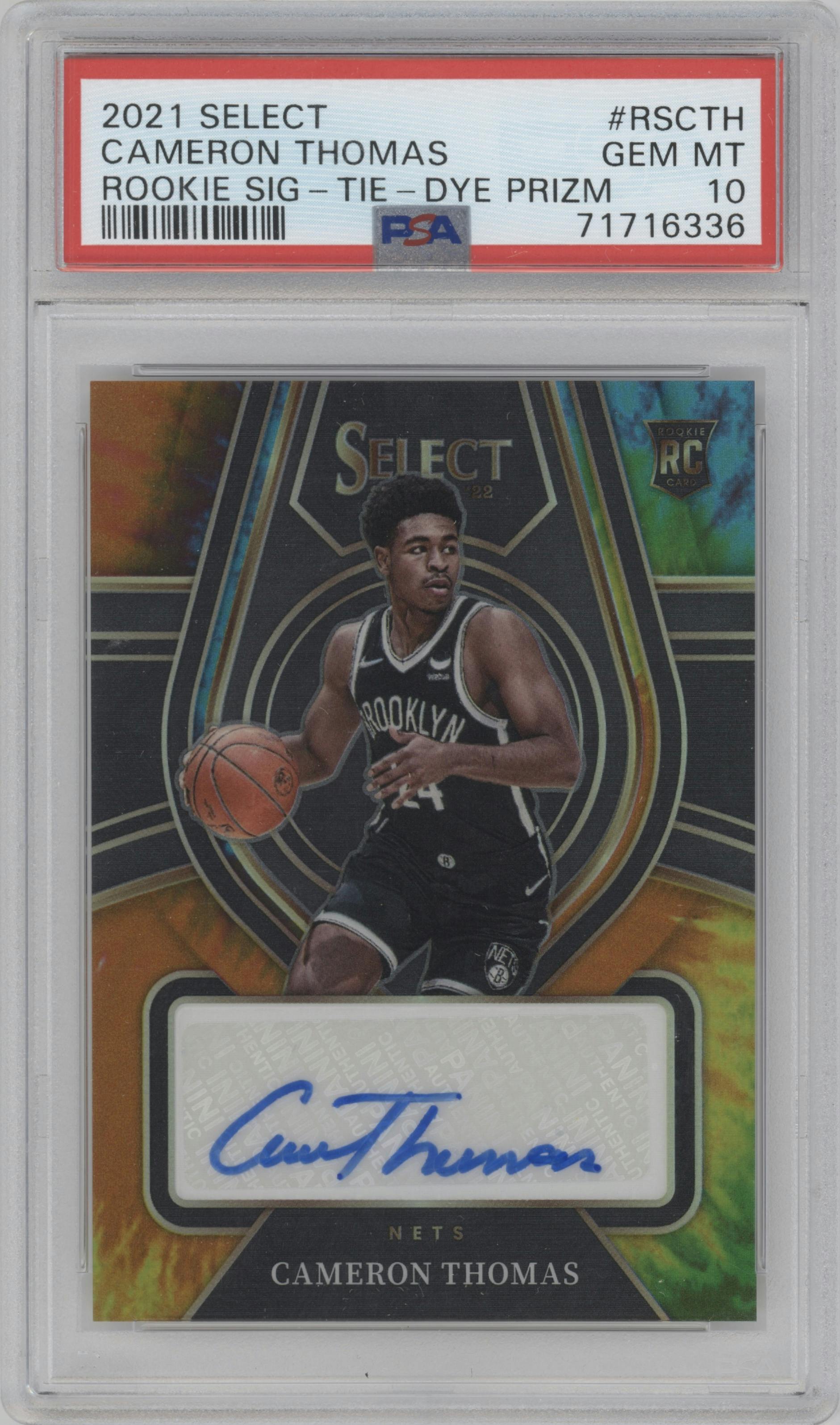 Cameron Thomas from the 2021-22 Panini Select set featuring a Tie-Dye parallel graded by PSA and given an overall grade of 10.