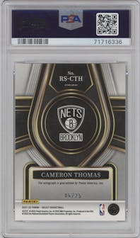 Cameron Thomas from the 2021-22 Panini Select set featuring a Tie-Dye parallel graded by PSA and given an overall grade of 10.