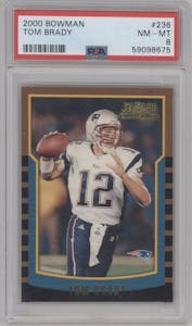 Tom Brady from the 2000 Bowman set graded by PSA and given an overall grade of 8.