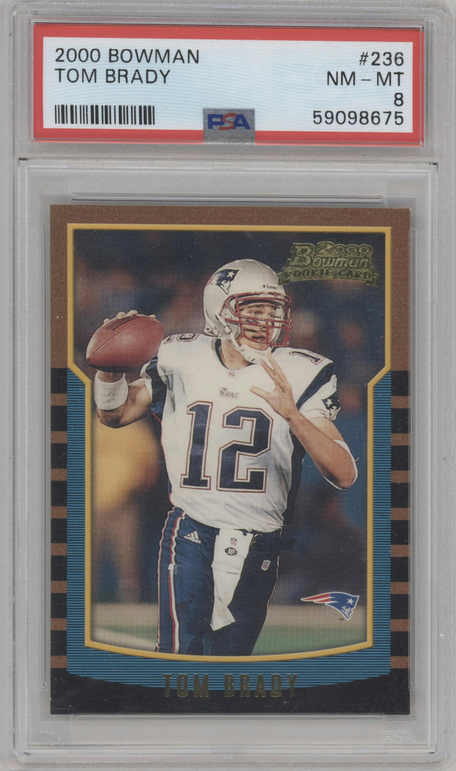 Tom Brady from the 2000 Bowman set graded by PSA and given an overall grade of 8.