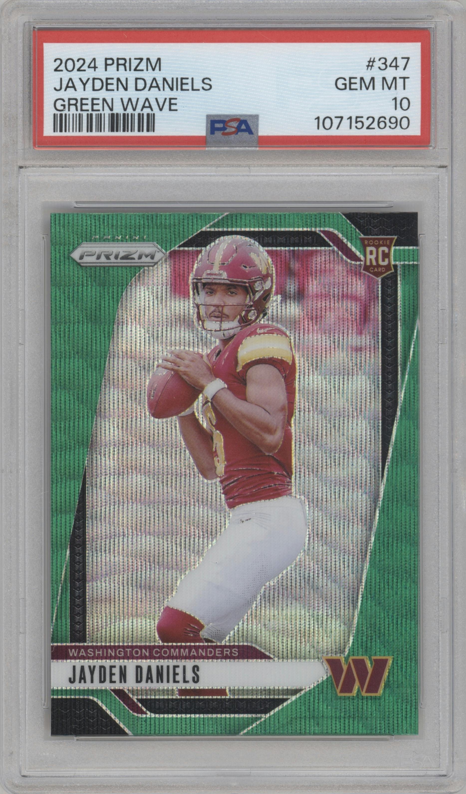 Jayden Daniels from the 2024 Panini Prizm set featuring a Green Wave parallel graded by PSA and given an overall grade of 10.