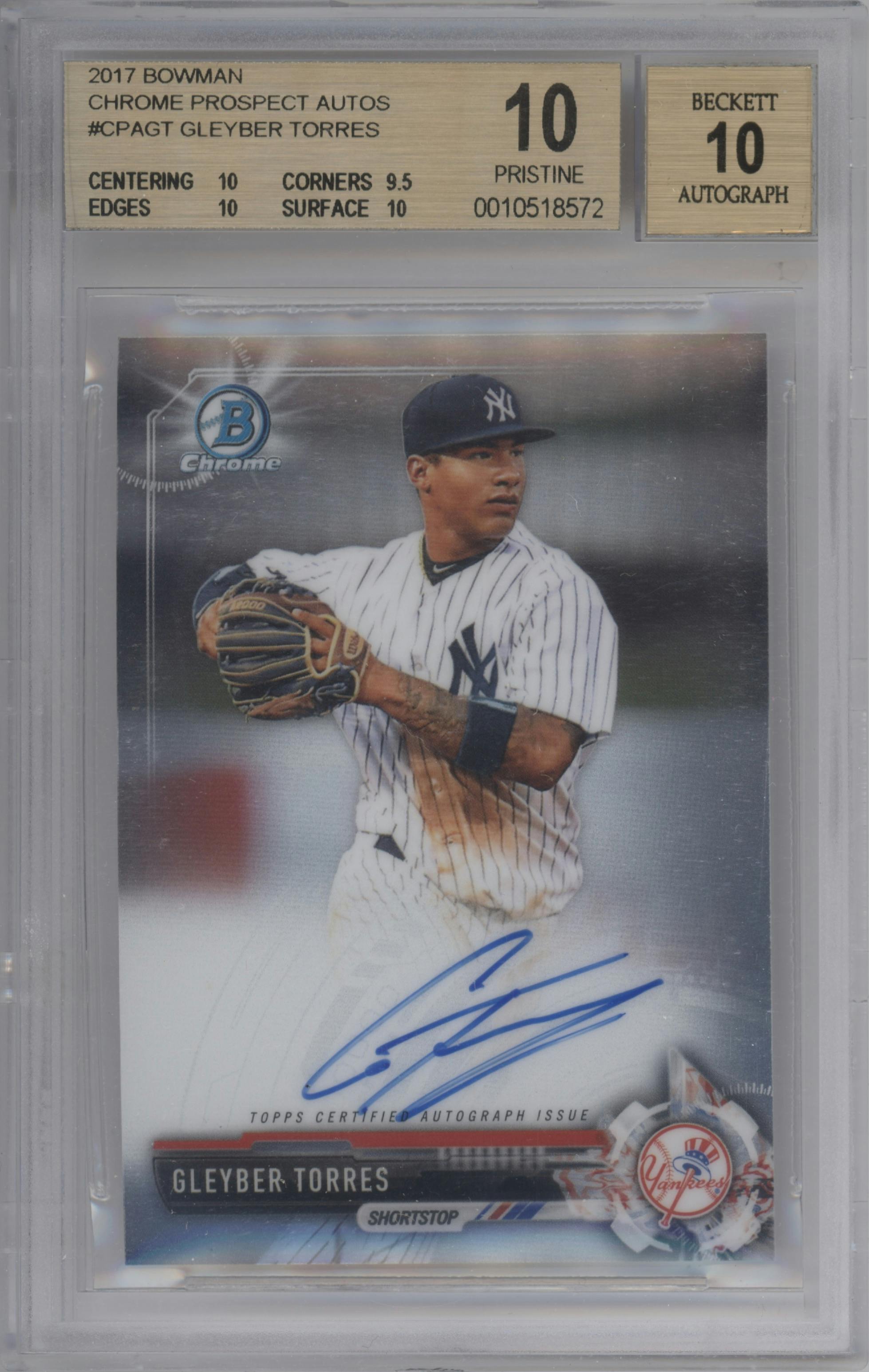Gleyber Torres from the 2017 Bowman set graded by Beckett and given an overall grade of 10.
