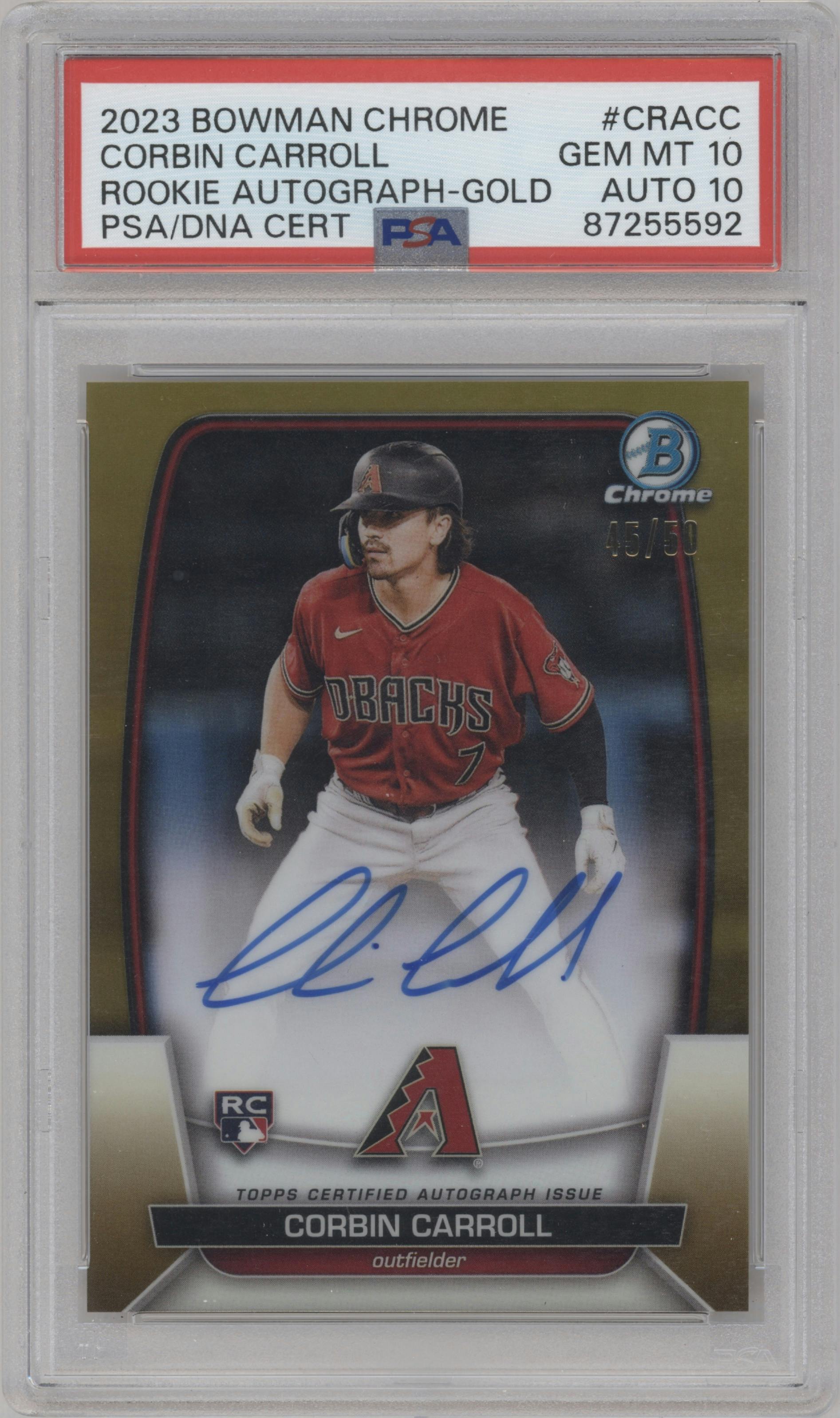 Corbin Carroll from the 2023 Bowman Chrome set featuring a Gold Refractor parallel graded by PSA and given an overall grade of 10.
