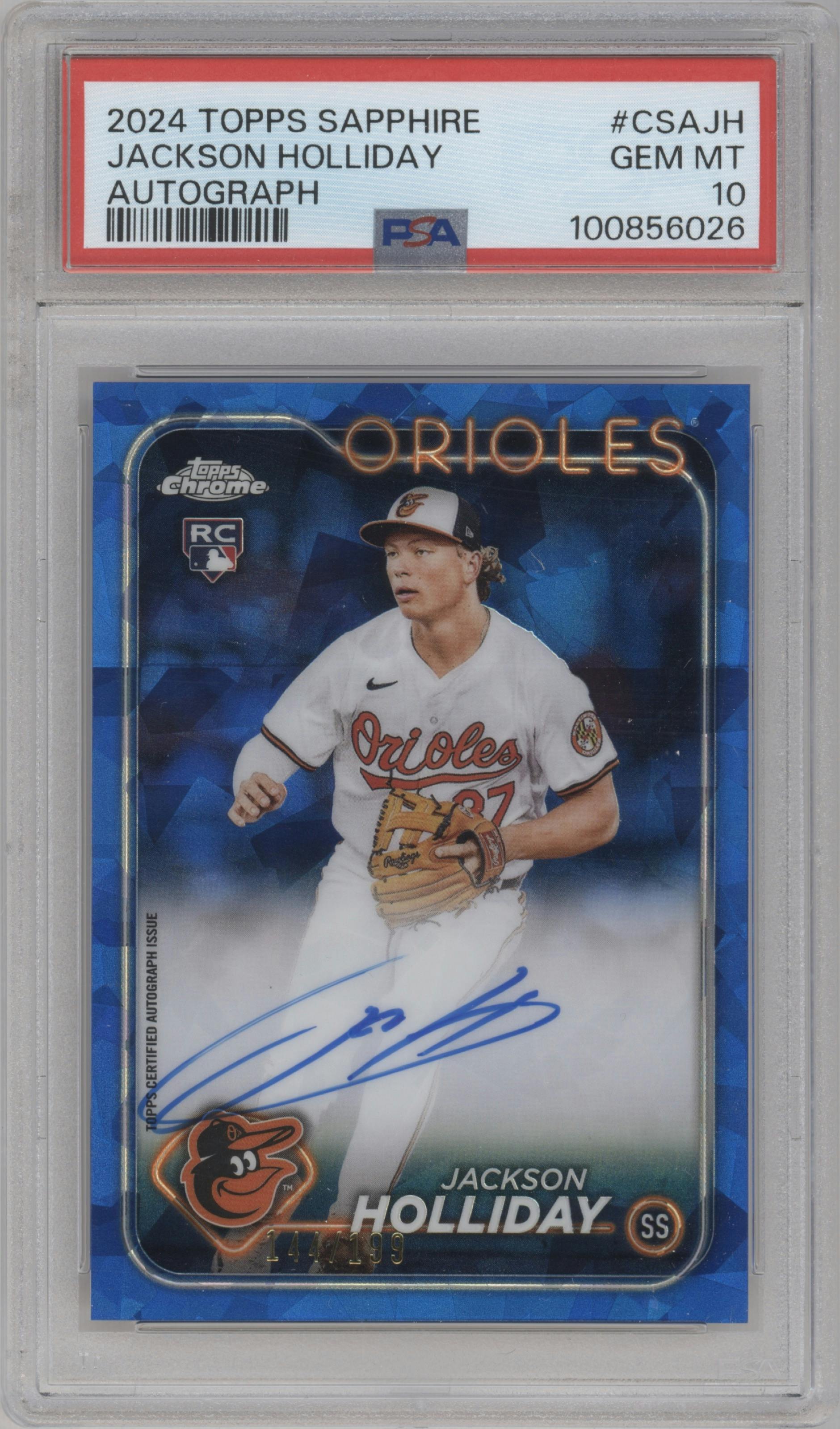 Jackson Holliday from the 2024 Topps Chrome Sapphire set graded by PSA and given an overall grade of 10.