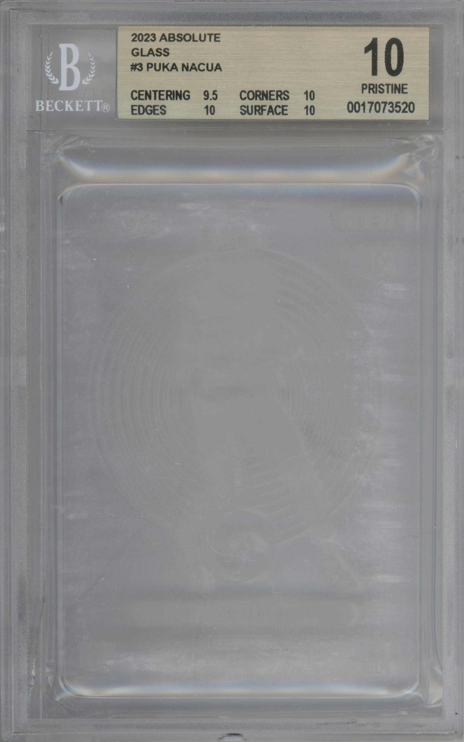 Puka Nacua from the 2023 Panini Absolute set graded by Beckett and given an overall grade of 10.