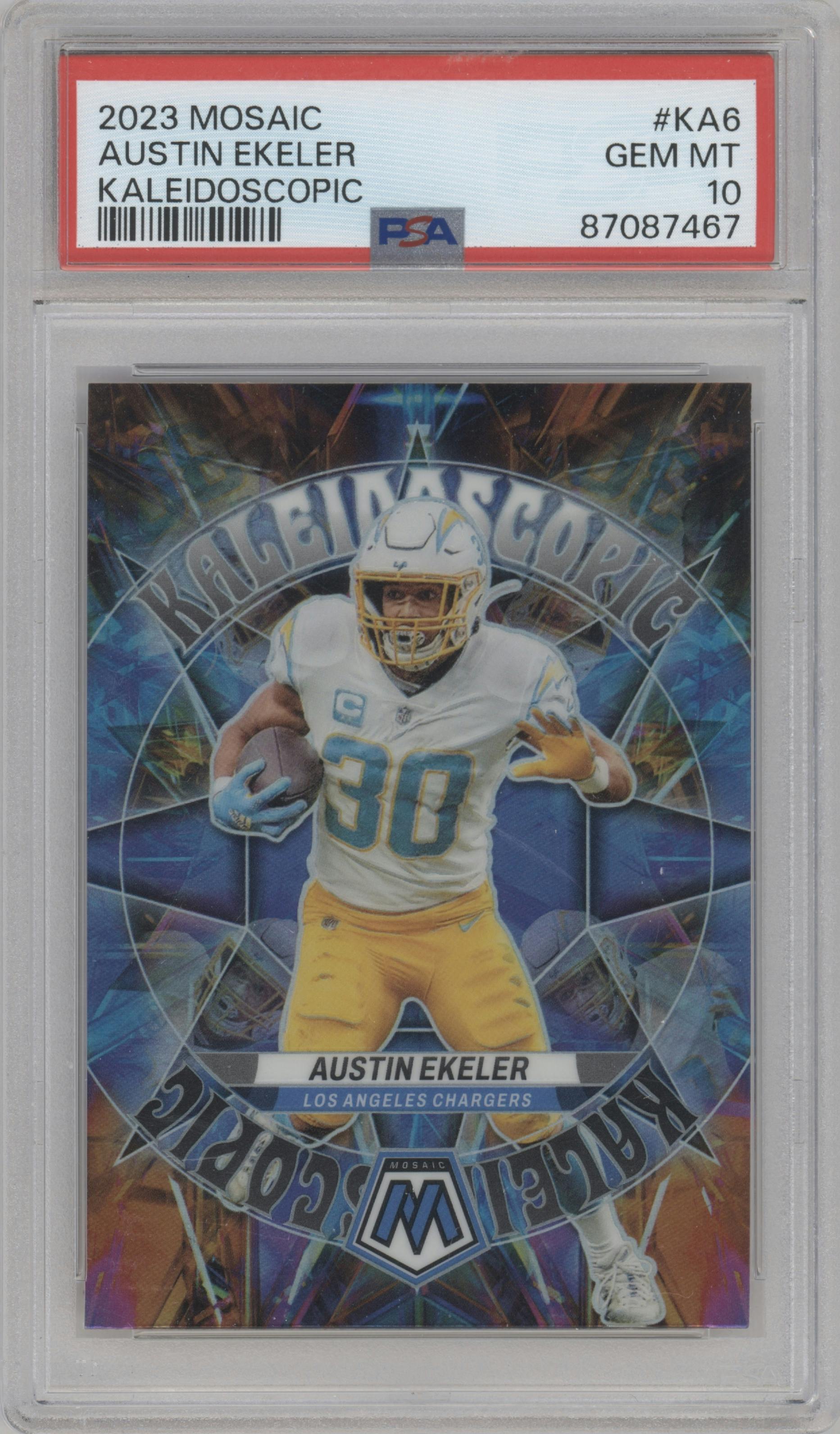 Austin Ekeler from the 2023 Panini Mosaic set graded by PSA and given an overall grade of 10.