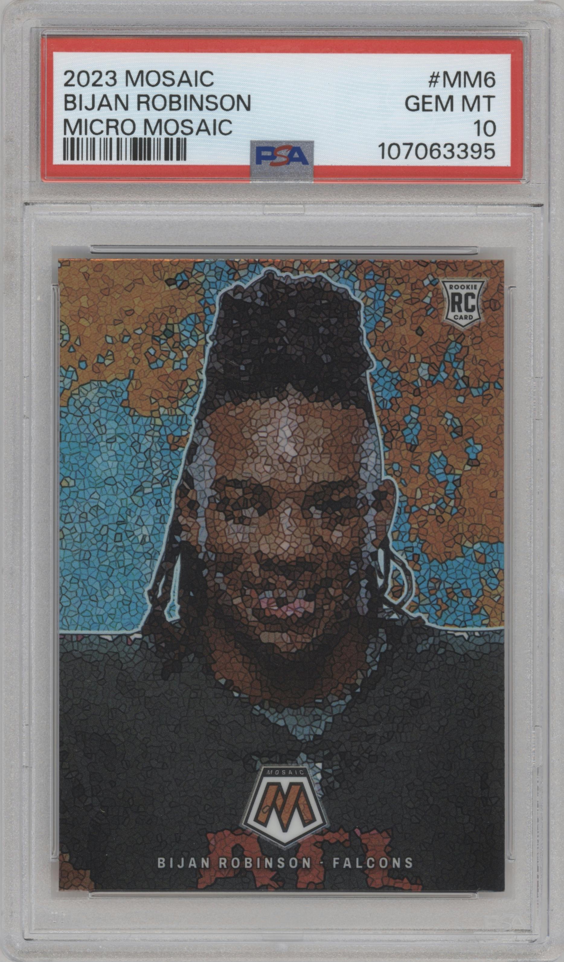 Bijan Robinson from the 2023 Panini Mosaic set graded by PSA and given an overall grade of 10.