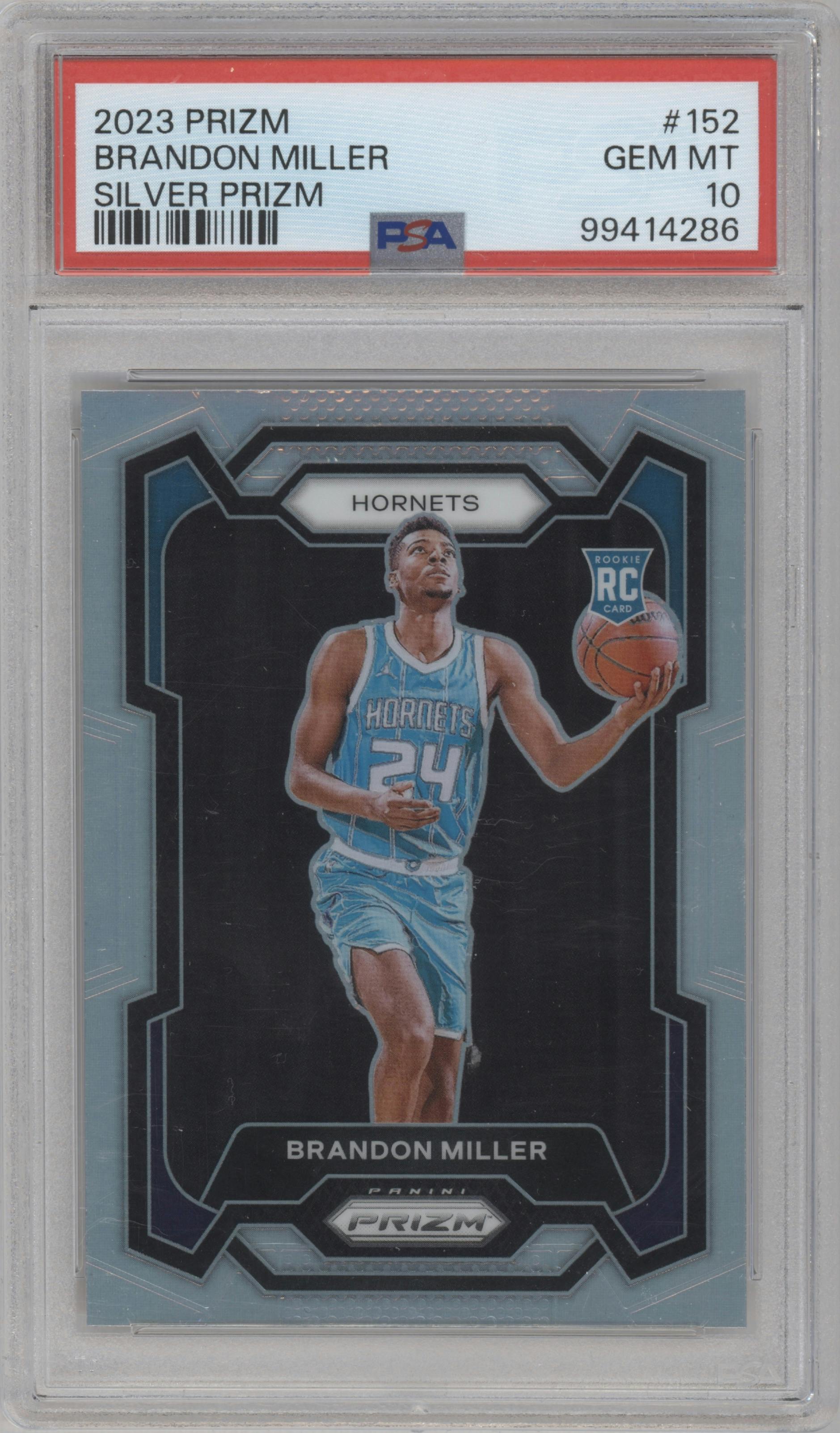 Brandon Miller from the 2023-24 Panini Prizm set featuring a Silver Prizm  parallel graded by PSA and given an overall grade of 10.