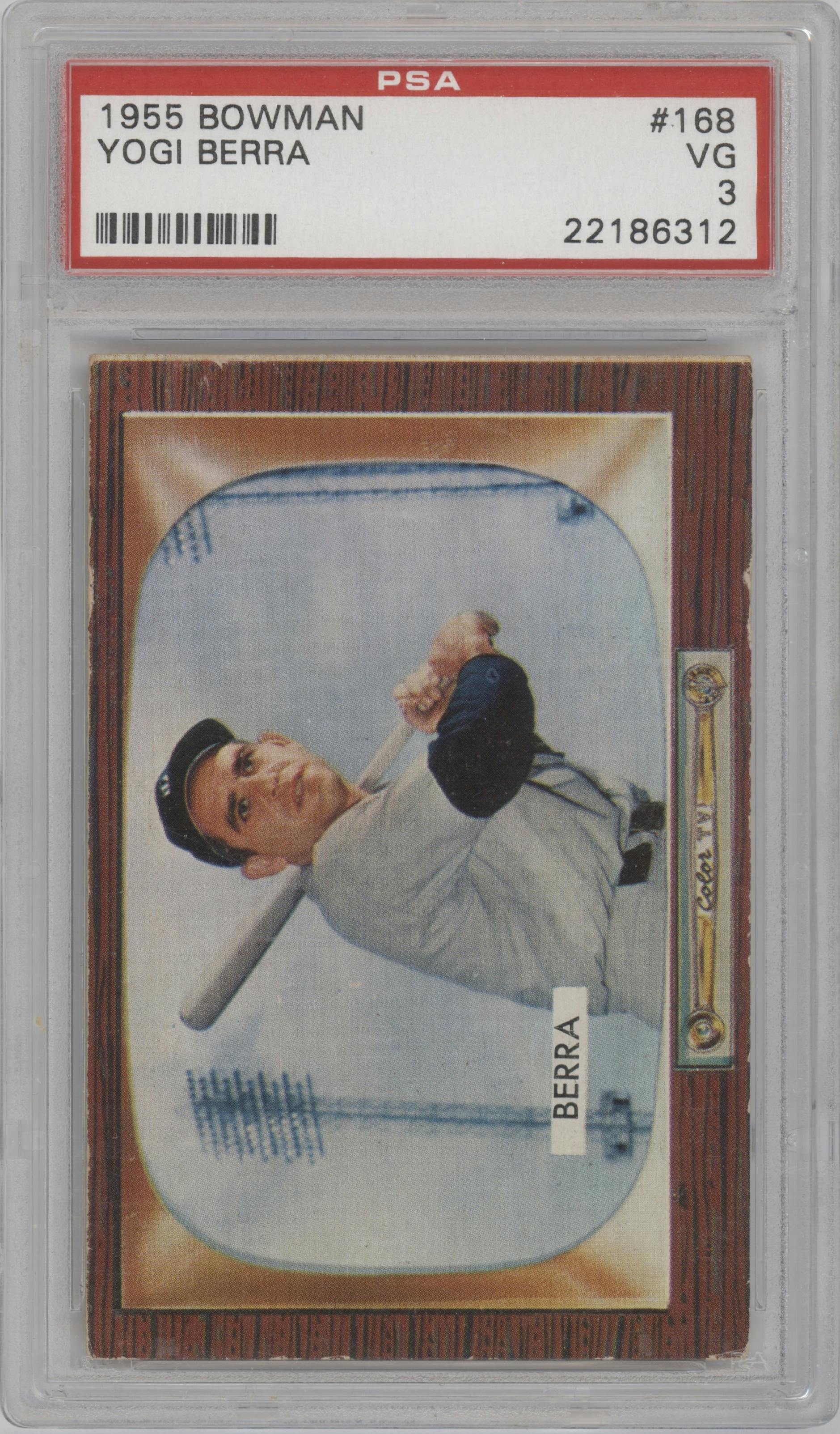 Yogi Berra from the 1955 Bowman set graded by PSA and given an overall grade of 3.
